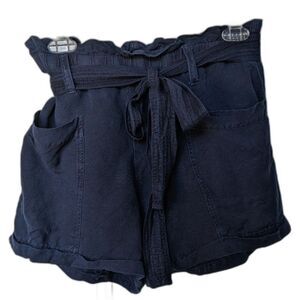 Lucky Brand Paperbag Linen M High Rise Shorts Tie Belt Navy Blue Coastal Boho